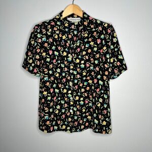 Fundamental‎ Things Blouse Womens Petites Black Floral EUC Vintage Shoulder Pads